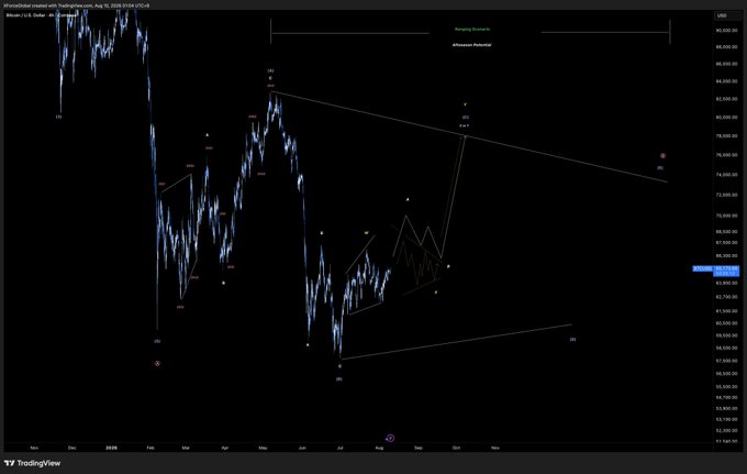 A Bitcoin/USD chart on TradingView displays an Elliott Wave analysis showing BTC's price action reaching a potential interest zone, with labeled wave counts and a descending trendline suggesting a target liquidity area around $70,000-$80,000, consistent with the analyst's outlook for range-bound consolidation before the next major move.