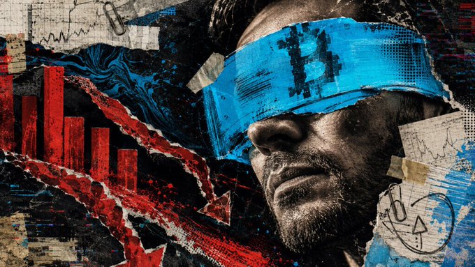A dramatic mixed-media collage featuring a man's face partially covered by a blue paint streak, alongside a red downward-trending bar chart and various scribbled notes and papers, suggesting themes of financial stress or chaos.