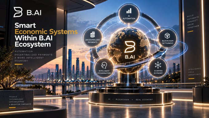 A promotional graphic for B.AI titled 'Smart Economic Systems Within B.AI Ecosystem', featuring a futuristic globe surrounded by icons representing AI Automation, Blockchain Settlement, AI Driven Economy, Intelligent Coordination, and Decentralized Payments.