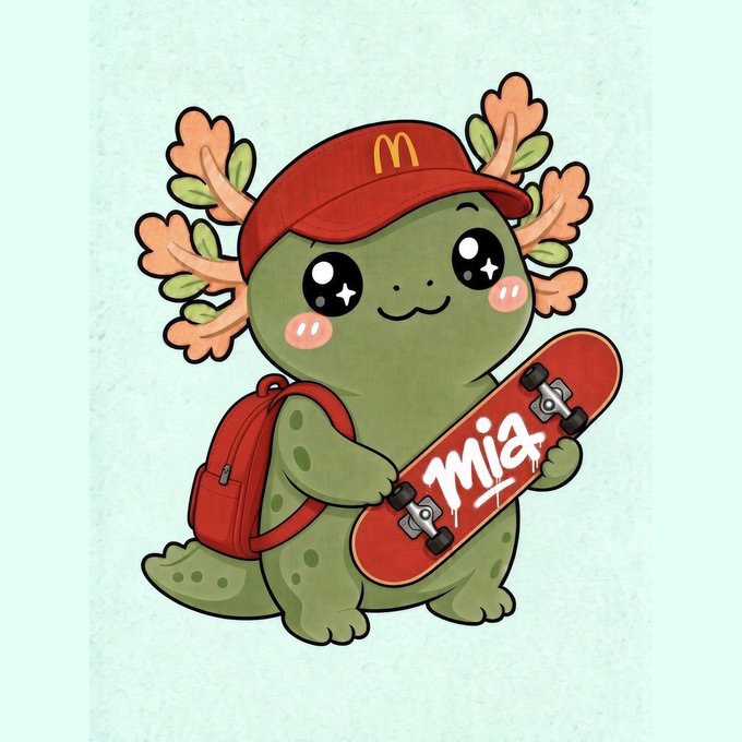 A cute cartoon illustration of a green axolotl wearing a McDonald's red cap and backpack while holding a red skateboard with 'Mia' written on it in graffiti style.