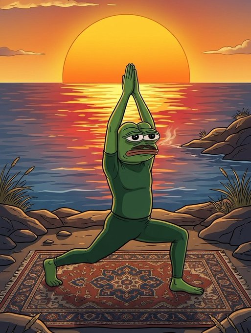 iced yoga mat with a cartoon frog practicing yoga poses on the beach at sunset, surrounded by rocks and water.