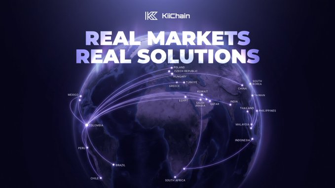 A promotional graphic for KiChain featuring a glowing globe with network connections labeled 'REAL MARKETS REAL SOLUTIONS' across various countries.