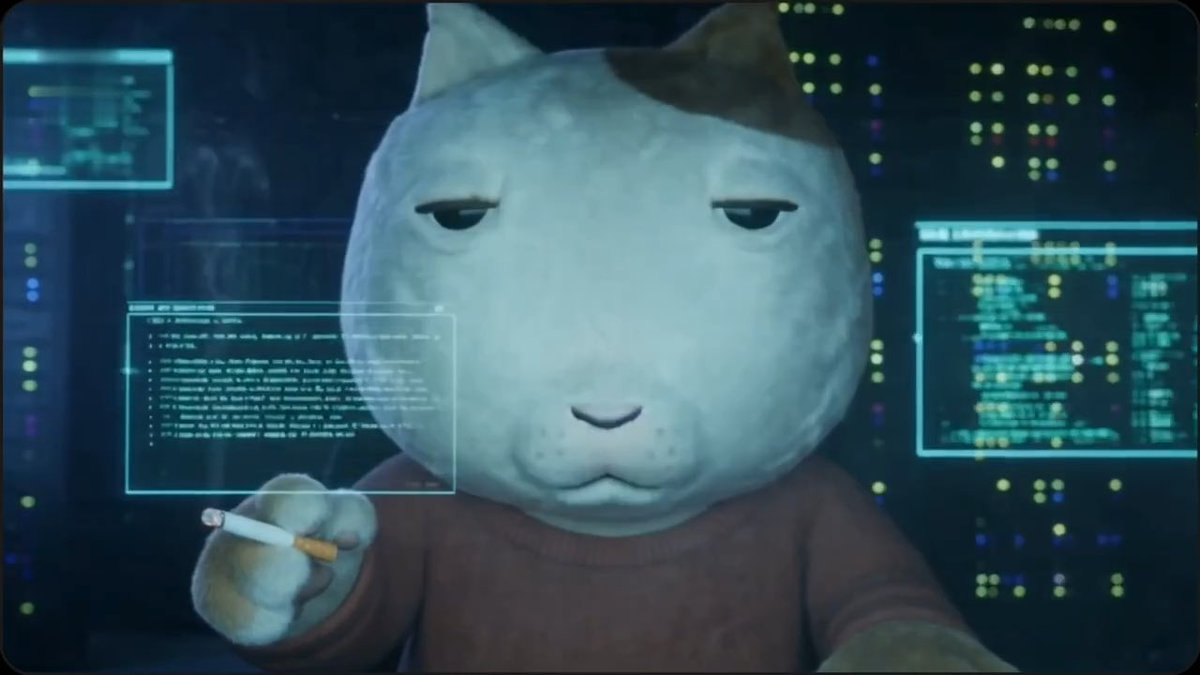 A CGI cat with a skeptical expression holds a cigarette while surrounded by holographic code panels and server racks, embodying the post's "ketify the world" caption through its aloof, jazz-poster aesthetic of internet subculture.