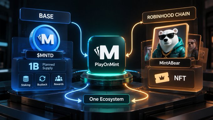 A promotional graphic for PlayOnMint showing connections between BASE ($MNTD, 1B Planned Supply with Staking, Buyback, Rewards) and ROBINHOOD CHAIN (MintABear NFT), labeled 'One Ecosystem'.