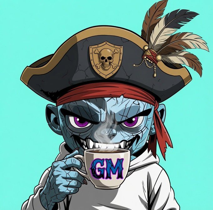 Cartoon illustration of a pirate zombie character with purple eyes wearing a skull-and-crossbones hat and red bandana, drinking from a 'GM' mug.