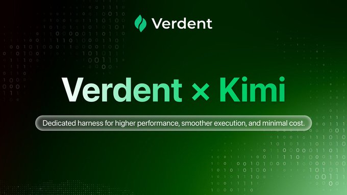 The image is a promotional graphic featuring the Verdent logo at the top and the headline "Verdent × Kimi" with the tagline "Dedicated harness for higher performance, smoother execution, and minimal cost," set against a green binary code background. This visually reinforces the post's announcement of Kimi K3's arrival at Verdent through a partnership with Moonshot, highlighting the platform's optimized environment for coding tasks rather than a basic API connection.