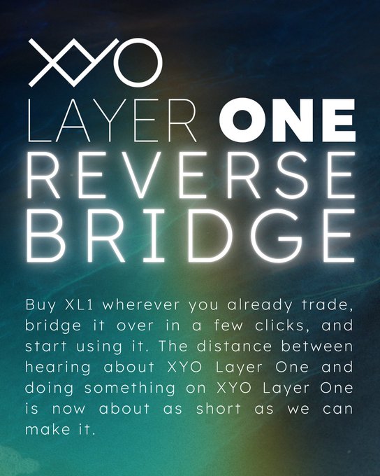 Promotional graphic featuring the XYO logo and bold text announcing "REVERSE BRIDGE" against a dark, nebula-like background, with copy explaining that users can "Buy XL1 wherever you already trade, bridge it over in a few clicks, and start using it," aligning with the accompanying post's call to learn more about the XYO Layer One Reverse Bridge.