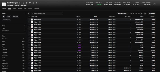 DumbWojapes NFT collection showing a floor price of 0.4480 ETH with a 23.50% increase, listed on X2Y2 marketplace. The image appears to be a screenshot of the collection's analytics/trading page, supporting the poster's claim about their minted NFT's price movement.