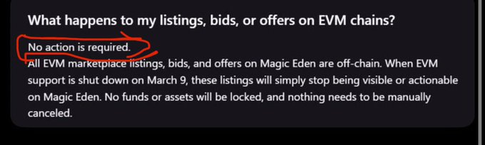 A text snippet from Magic Eden FAQ explaining 'What happens to my listings, bids, or offers on EVM chains?' with 'No action is required.' circled in red, mentioning EVM marketplace support shutting down on March 9.