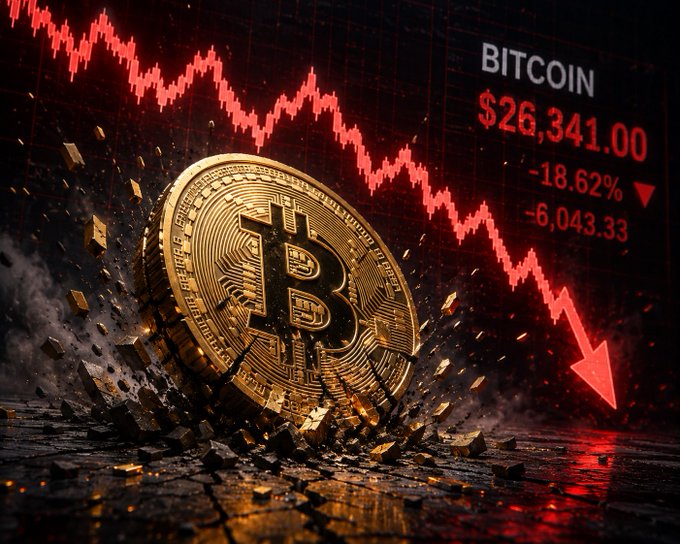 The image shows a gold coin sitting upside down on black ground. In front of the coin, there is a graph or chart showing an increase in the price of Bitcoin over time against the Dollar, with a downward trend from $26,342.00 to $6,001.73 (rounded to two decimal places). The post says: "WTF Bitcoin is going back to $26,342.00". This suggests that the Bitcoin price has taken a sharp decline and is now expected to return to or exceed its previous value of $26,342.00 in the near future.