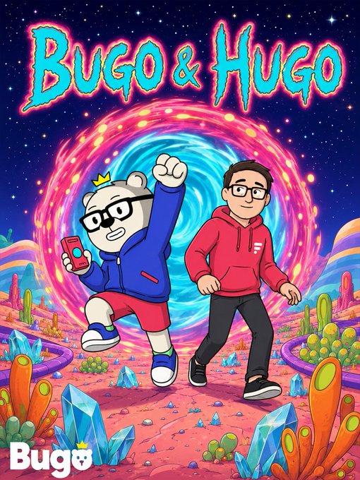 Colorful cartoon artwork titled 'BUGO & HUGO' featuring two characters in a vibrant alien landscape with crystals, a pink portal, and a Bugō logo.