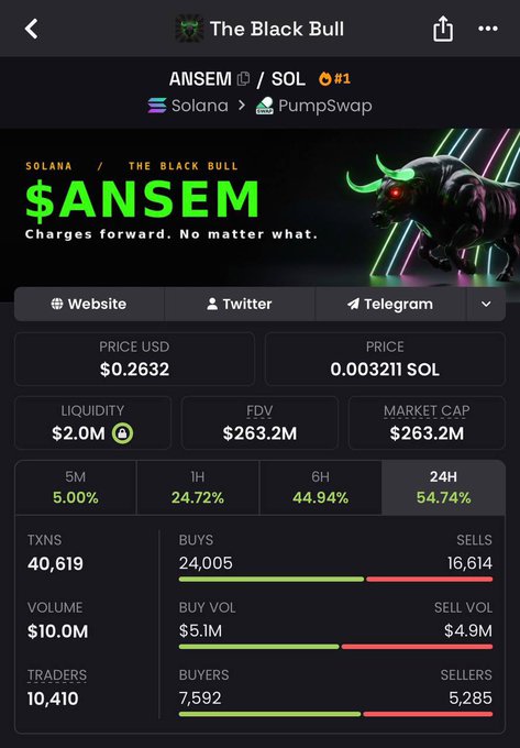 The image displays a crypto analytics page for "$ANSEM" token (ticker ANSEM) on the Solana blockchain via PumpSwap, priced at $0.2632 USD with a market cap of $263.2M and showing strong upward momentum with 54.74% gains over 24 hours. This aligns with the post "Higher $ANSEM" by highlighting the token's significant price increase across multiple timeframes (5M: 5.00%, 1H: 24.72%, 6H: 44.94%, 24H: 54.74%).