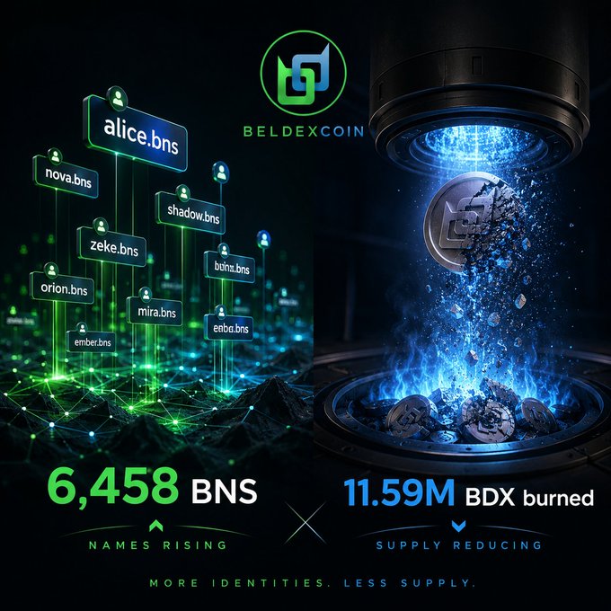 A promotional graphic for BeldexCoin (BDX) showing "6,458 BNS NAMES RISING" alongside "11.59M BDX burned / SUPPLY REDUCING," with the tagline "MORE IDENTITIES. LESS SUPPLY."