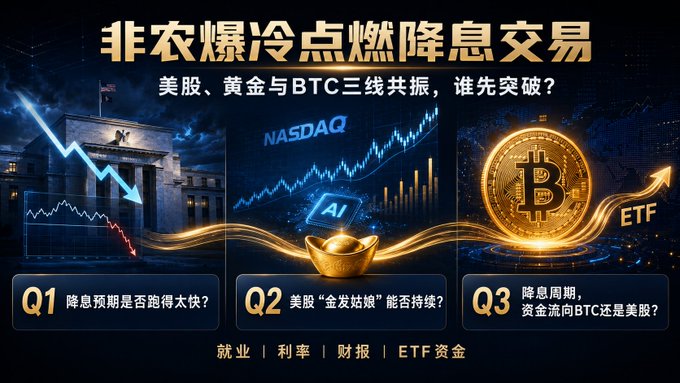 The image is a promotional graphic featuring the headline "非农爆冷点燃降息交易" (Cold Non-Farm Payroll Ignites Rate-Ray Trading), with the subheading "美股、黄金与BTC三线共振，谁先突破？" (US Stocks, Gold & BTC Triple Resonance—Who Breaks First?), alongside imagery of the Federal Reserve, NASDAQ charts, and a Bitcoin coin to highlight the Q1-Q3 discussion topics about rate-cut expectations, US stock momentum, and ETF fund flows during a rate-cut cycle. This visually introduces the speaker's HTX SPACE livestream topic debating whether market rate-cut expectations have run ahead of the actual September rate-cut likelihood after a weak non-farm payrolls report.