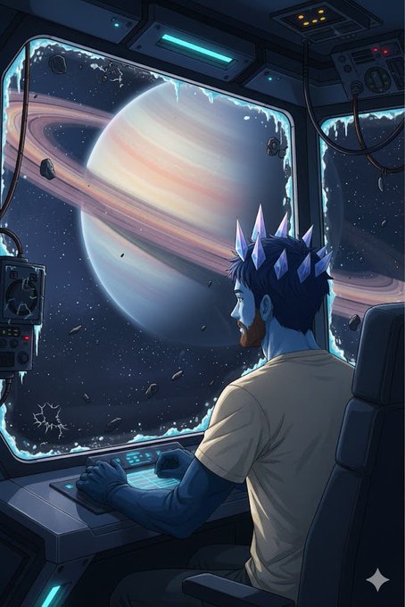 Digital illustration of a blue-skinned character with crystal crown-like hair sitting at a spaceship console, gazing at a ringed planet through a large window.