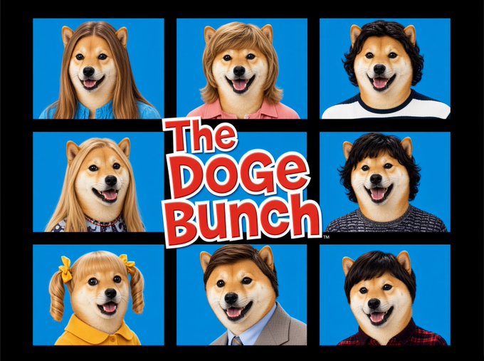 A parody image titled "The Doge Bunch" featuring a 3x3 grid of Shiba Inu dog heads edited onto various human bodies against a blue background, styled like a classic TV show cast photo.