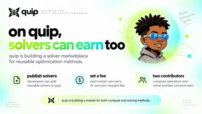 A promotional graphic for Quip titled 'On Quip, Solvers Can Earn Too' explaining that Quip is building a solver marketplace for reusable optimization methods, where developers publish solvers, set fees, and two contributors can earn.