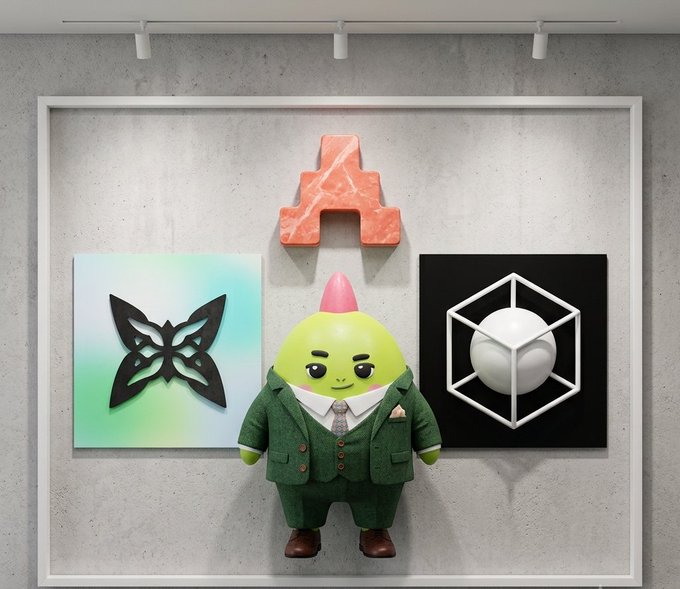 A 3D-rendered character resembling a yellow fruit with a pink stem, wearing a green suit, stands in a gallery between art pieces displaying a butterfly logo and a cube logo, with a pink marble letter 'A' mounted on the wall above.