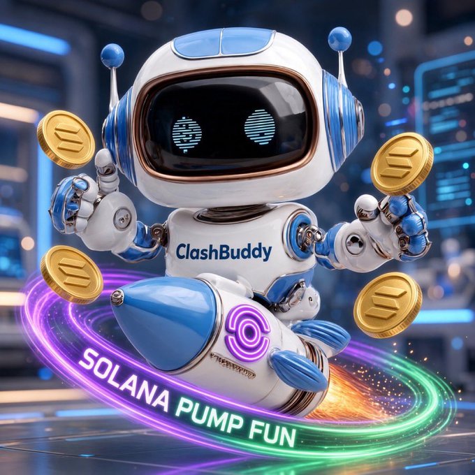 A futuristic blue and white robot mascot branded "ClashBuddy" rides a rocket through a neon-lit cyberpunk space surrounded by gold coins, with the text "SOLANA PUMP FUN" glowing along its trajectory—visually representing the launch of the $CLASH token on the Solana blockchain via Pump Fun, as announced in the post.