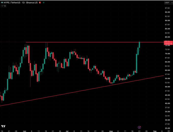 A candlestick chart from TradingView displays the HYPE/TetherUS (HYPEUSDT) trading pair on Binance at a 1-day timeframe, showing the cryptocurrency hitting a new all-time high around $78.00, breaking above a horizontal resistance line after a strong upward trend from the ascending trendline support visible since June.