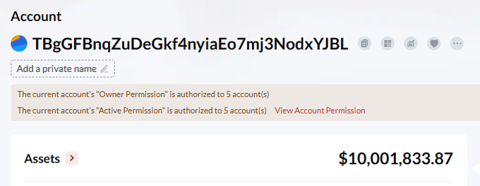 A cryptocurrency account dashboard shows the address 'TBgGFBnqZuDeGkf4nyiaEo7mj3NodxYJBL' with a total asset value of $10,001,833.87.