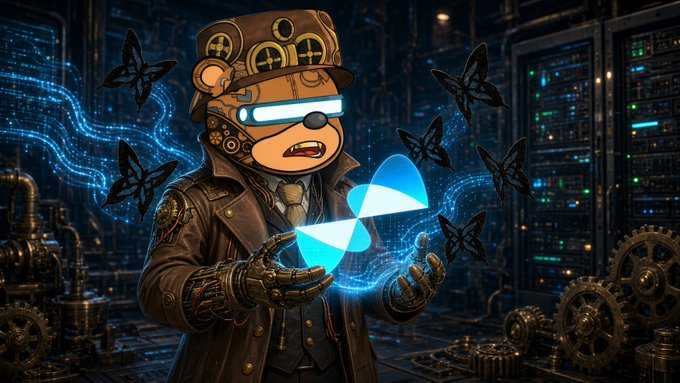 A steampunk-style anthropomorphic bear character wearing goggles and a brown coat, holding a glowing blue holographic capsule icon, surrounded by butterflies in an industrial setting with gears and servers.