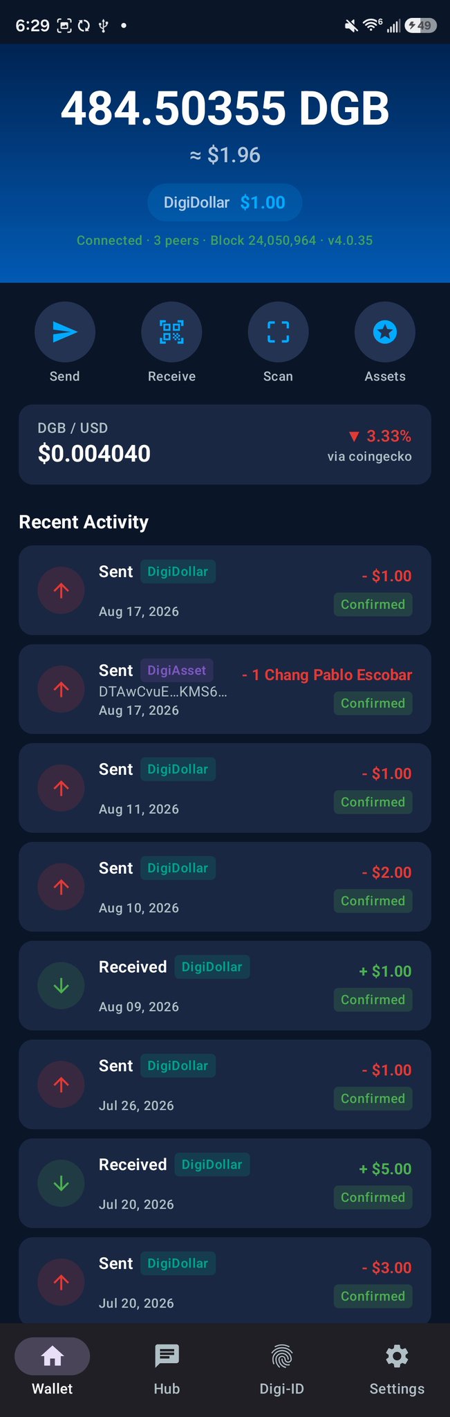 A screenshot of a digital wallet app showing a balance of 484.50355 DGB (~$1.96) and recent transaction activity including DigiDollar and DigiAsset transfers.