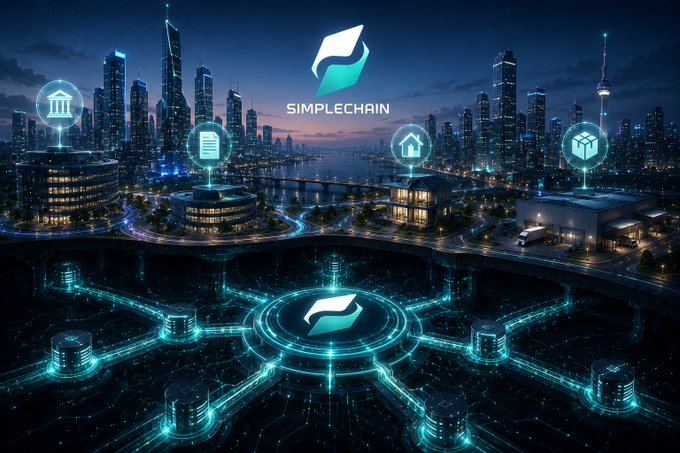 A futuristic cityscape at night with the 'Simplechain' logo, surrounded by glowing digital icons including a bank, document, home, and package.
