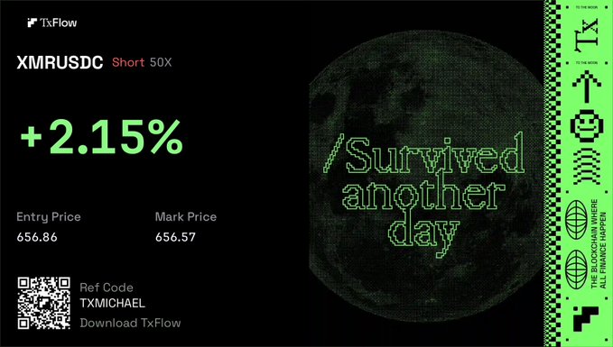 A black-and-neon-green TxFlow trading graphic shows “XMRUSDC Short 50X” at “+2.15%,” with entry price 656.86, mark price 656.57, ref code TXMICHAL, a QR code, and the phrase “/ Survived another day.”