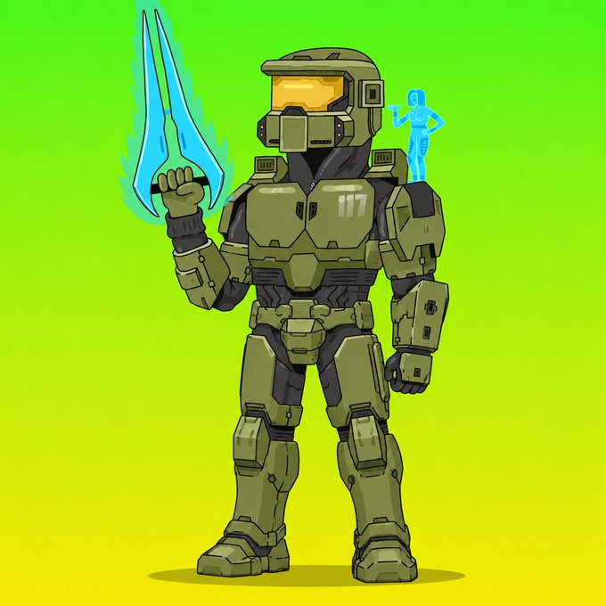 A cartoon illustration of a green armored soldier resembling Master Chief from Halo with '117' on the chest, holding a blue energy sword, with a small blue translucent figure on his shoulder, set against a green-to-yellow gradient background.
