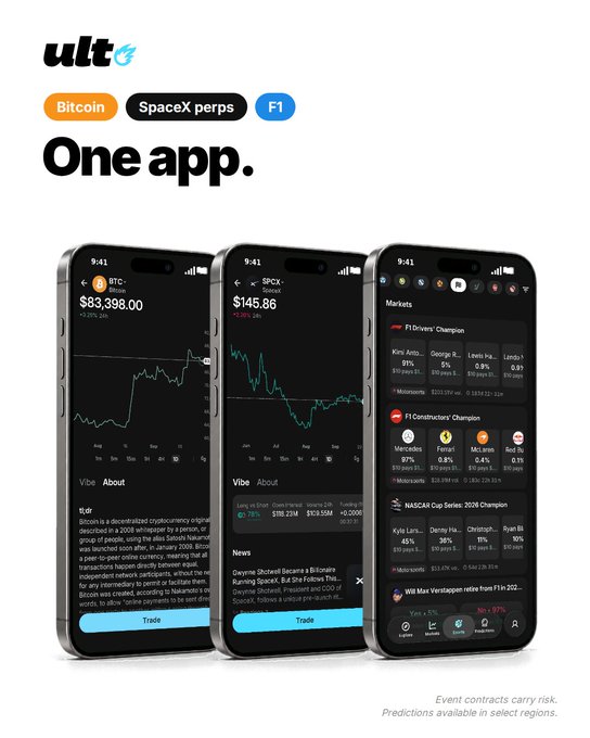 An advertisement for the 'ult' app promoting 'Bitcoin', 'SpaceX perps', and 'F1' features 'One app' text alongside three smartphones displaying cryptocurrency prices for BTC and SPCX, and prediction markets for F1 and NASCAR.