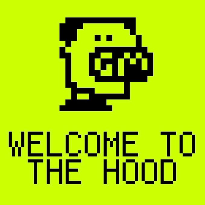 A pixel art graphic featuring a hooded character in black against a bright yellow-green background, with the text "WELCOME TO THE HOOD" displayed below in pixelated font. The image visually introduces the OnChainHoodies community referenced in the post, using a retro game-style design to greet new members to the hoodie-themed crypto collective.