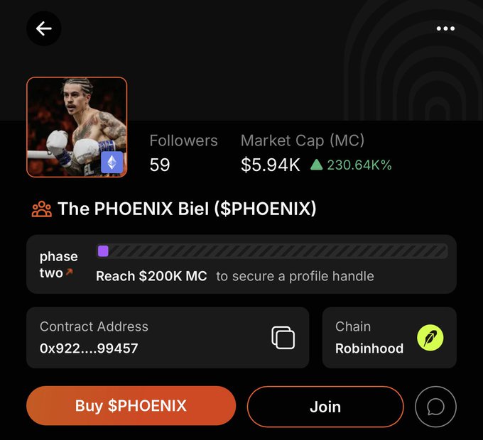 A token profile page for 'The PHOENIX Biel ($PHOENIX)' showing 59 followers, a market cap of $5.94K (up 230.64%), in phase two on the Robinhood chain.
