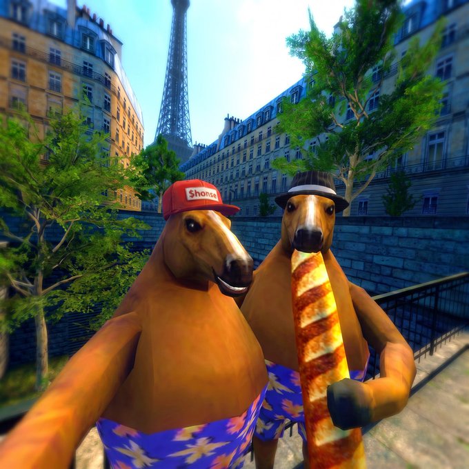 Two anthropomorphic horses in floral swim trunks pose in front of the Eiffel Tower in Paris, one wearing a red "$honse" cap and the other a black fedora while holding a baguette. The surreal image humorously embodies the "$honse" meme, which has gained worldwide cultural traction, blending French iconography with internet absurdism.