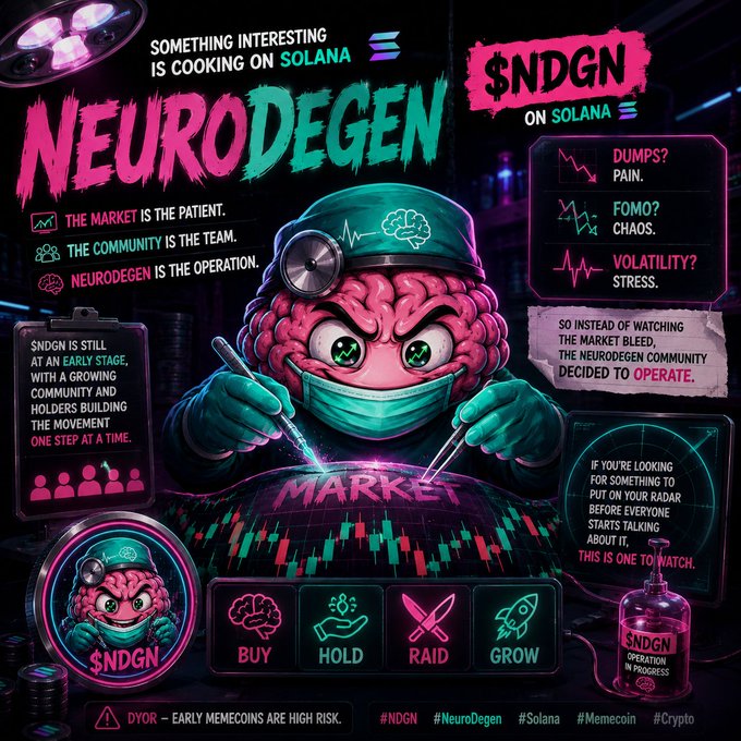 A vibrant, neon-themed promotional graphic for the '$NDGN' memecoin on Solana, featuring a cartoon brain surgeon operating on the 'MARKET' to address 'DUMPS?', 'FOMO?', and 'VOLATILITY?'.
