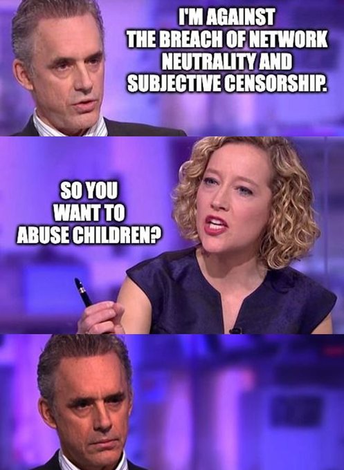 A three-panel meme showing Jordan Peterson stating "I'm against the breach of network neutrality and subjective censorship," followed by a woman responding with "So you want to abuse children?" and Peterson's silent, stunned reaction. The meme humorously critiques rhetorical tactics of misrepresenting opposing arguments, though it doesn't directly relate to the Bitcoin Improvement Proposal 110 (BIP110) fork discussion mentioned in the post beyond being a memorable internet meme the user wants to share for entertainment.