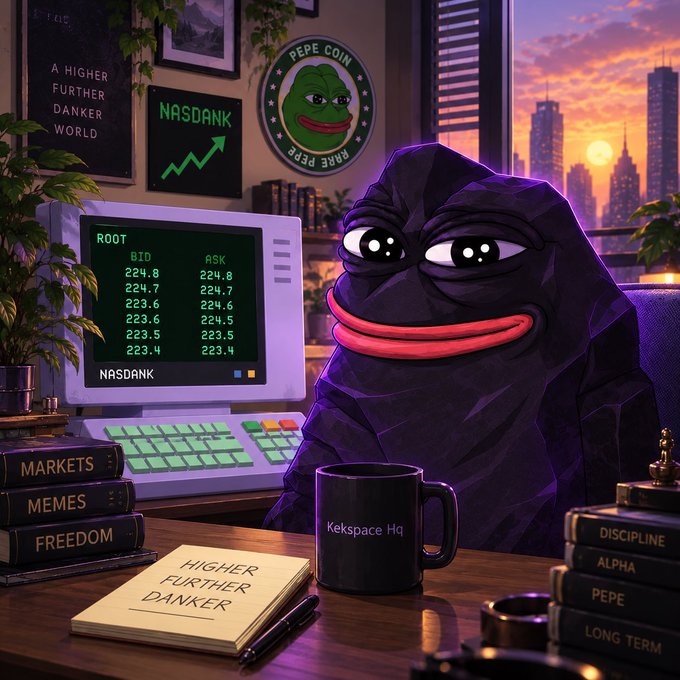 A Pepe the Frog character dressed as a trader sits at a desk with a retro computer displaying NASDAQ bid/ask data, books labeled 'MARKETS', 'MEMES', and 'FREEDOM', and a mug reading 'Kekspace Hq'.