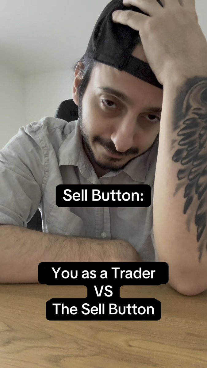 A meme-style image showing a man with a tattooed arm looking down, with text reading "Sell Button: You as a Trader VS The Sell Button".