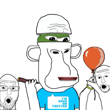 A cartoon ape wearing a green beanie and a shirt reading "I'M BACK ON TWITTER" stands between two shocked Wojak-style meme faces, with the ape holding a red balloon. The image relates to the post by depicting the classic "monkey holding balloon" meme template, used humorously to convey the poster's jaded reaction to missing out on a token mint while sleeping — combining ape art with the "I'm back on Twitter" branding for ironic effect.