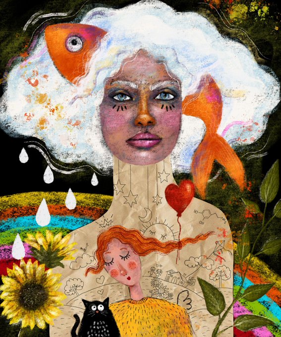 A colorful, mixed-media portrait of a woman with flowing orange hair, stars tattooed on her face and neck, surrounded by goldfish, sunflowers, and a black cat.