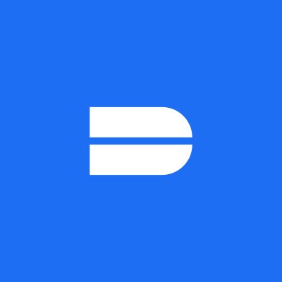 A minimalist logo featuring a white stylized letter 'D' split horizontally in the middle, set against a solid blue background.