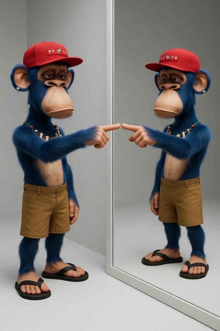 A 3D-rendered blue monkey wearing a red cap, gold chain, and brown shorts points at its reflection in a mirror.