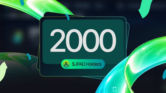 A digital graphic displaying "2000 $JPAD Holders" in white text on a dark green badge, set against an abstract background of glowing green tubes and water droplets.