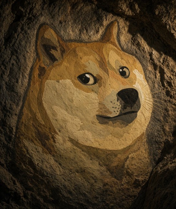 A painted Shiba Inu dog face, the iconic symbol of Dogecoin, is depicted on a rock surface, visually representing the bullish sentiment expressed in the caption about $DOGE.
