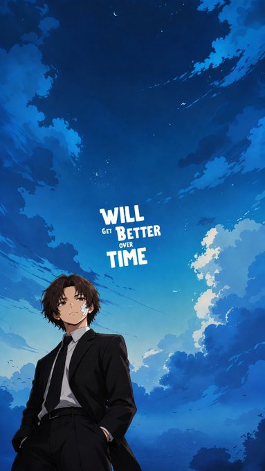 An anime-style illustration of a dark-haired man in a black suit and tie standing against a dramatic night sky with clouds and stars, accompanied by the text 'WILL GET BETTER OVER TIME'.