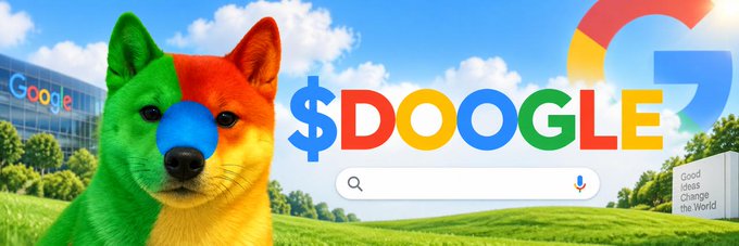 A Google-themed banner image featuring a dog whose face is colored in the Google logo colors (green, red, yellow, blue) next to the text '$DOOGLE' and the Google logo, with Google's 'Good ideas Change the World' sign visible.