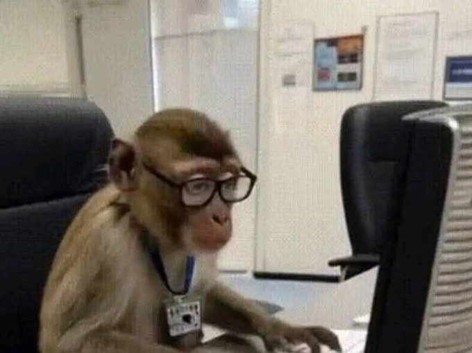 A humorous photo of a monkey wearing black-rimmed glasses and a lanyard, sitting at a computer monitor and appearing to work at an office desk.