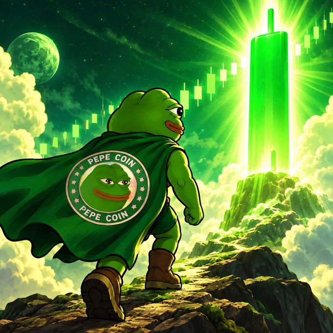 An illustration of the Pepe the Frog character wearing a cape with the 'PEPE COIN' logo, standing before a glowing green candlestick chart.