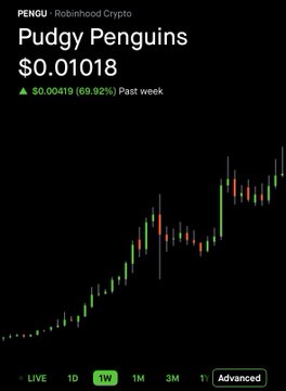 The image shows a Robinhood crypto chart for Pudgy Penguins (PENGU) trading at $0.01018, up 69.92% over the past week. The strong weekly gain supports the poster's optimism about accumulating more PENGU at favorable prices before potential further upside.