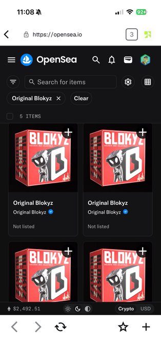 A mobile screenshot of OpenSea.io shows five 'Original Bloky' NFT items listed in red and black packaging, with the portfolio value displayed as $2,492.61 at the bottom.